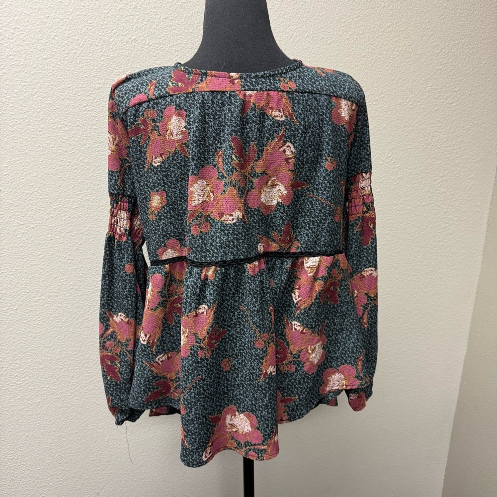 Knox Rose Boho Floral Peasant Blouse Blue Burgundy Medium Tassel - Picture 7 of 11